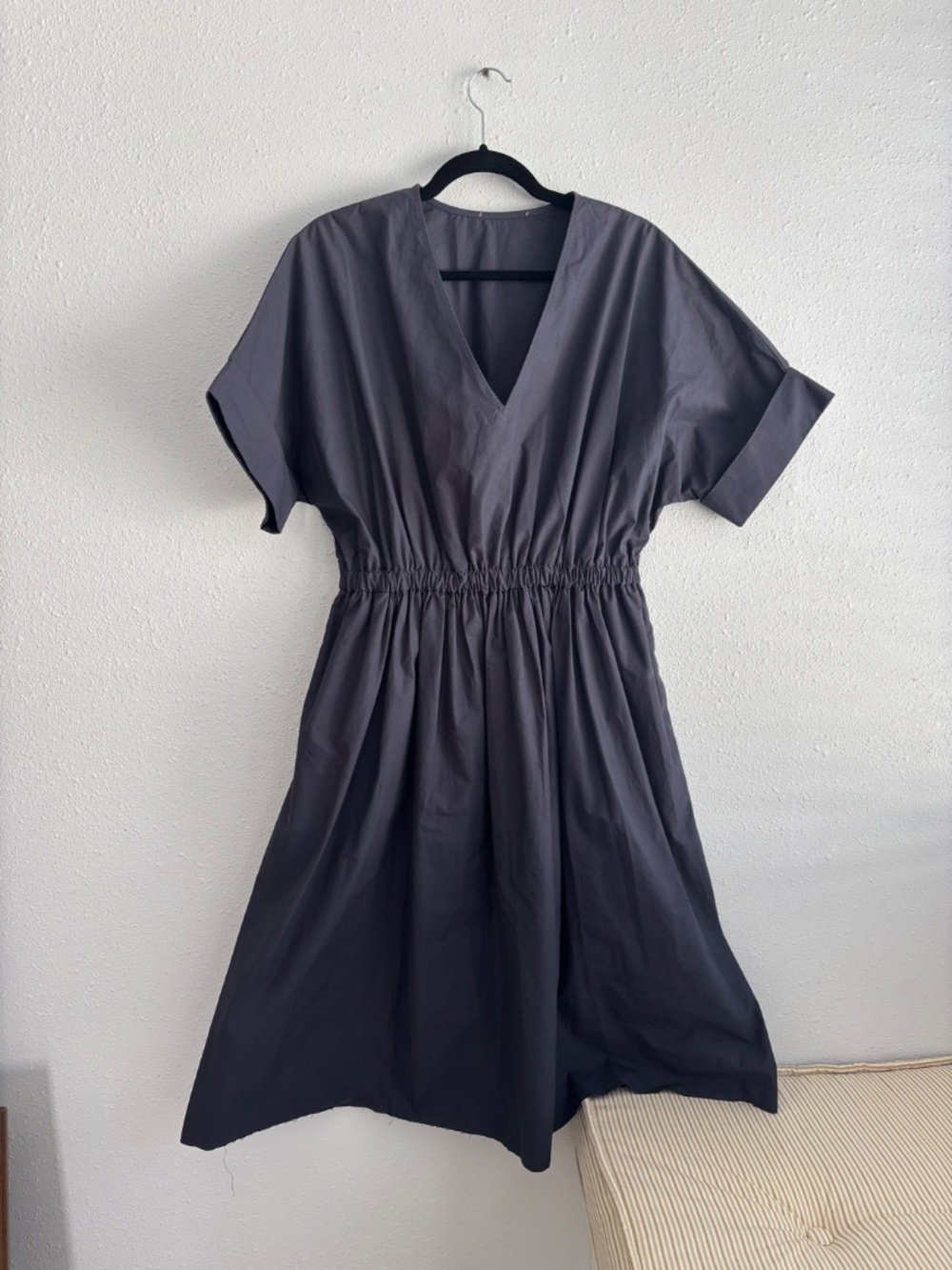 SEA New York Grey 100%Cotton Poplin Dolman Short Sleeve Elastic Waist Midi Dress